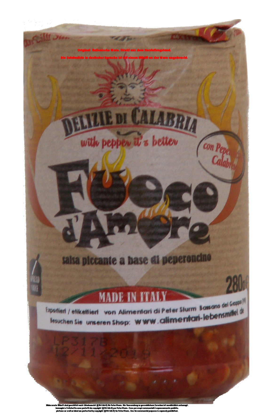 Delizie di Calabria Fuoco d`Amore Salsa piccante a base di peperoncino 280g /  Sauce mit Chili sehr scharf.